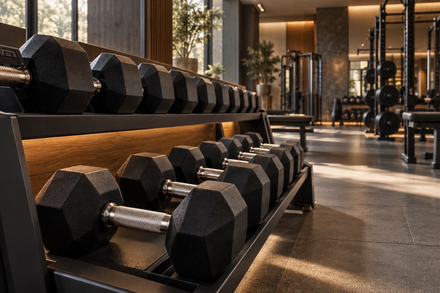 Иллюстрация оснащения клуба: гантельный ряд и силовое оборудование